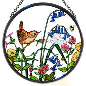 Wren and Bluebells Stained Glass Roundel